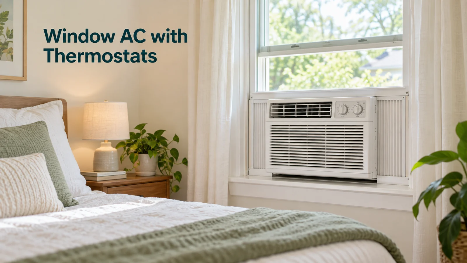 Conventional window air conditioner with thermostat controls in a home interior