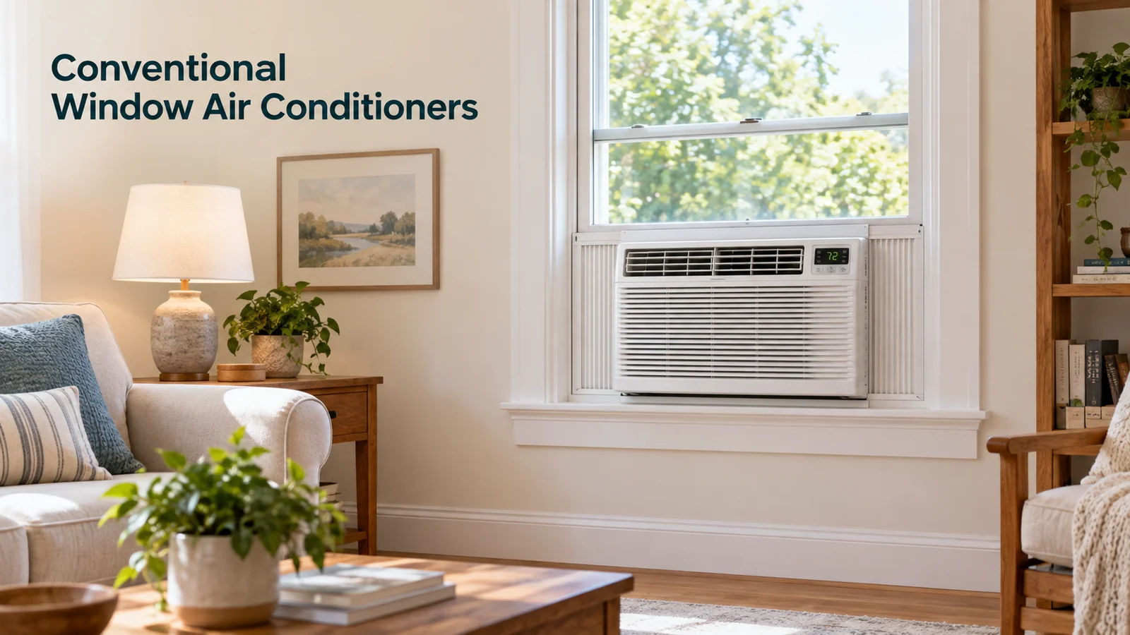 Conventional window air conditioner installed at home